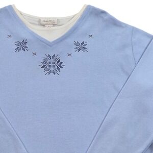 Studio Works Blue Snowflake Ribbed V Neck Long‎ Sleeve Shirt Womens Petite Large